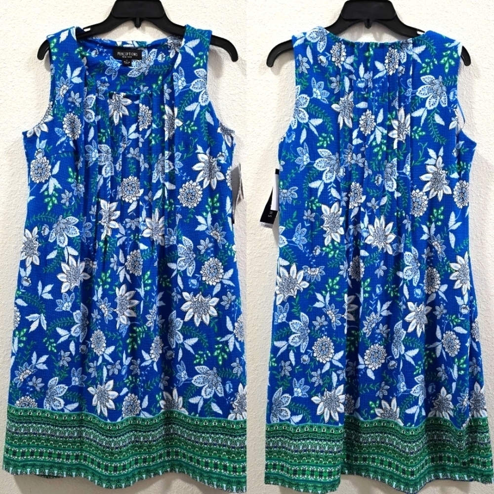 Perceptions Womens Blue and Green Floral  Midi Sleeveless Summer Dress Size S.